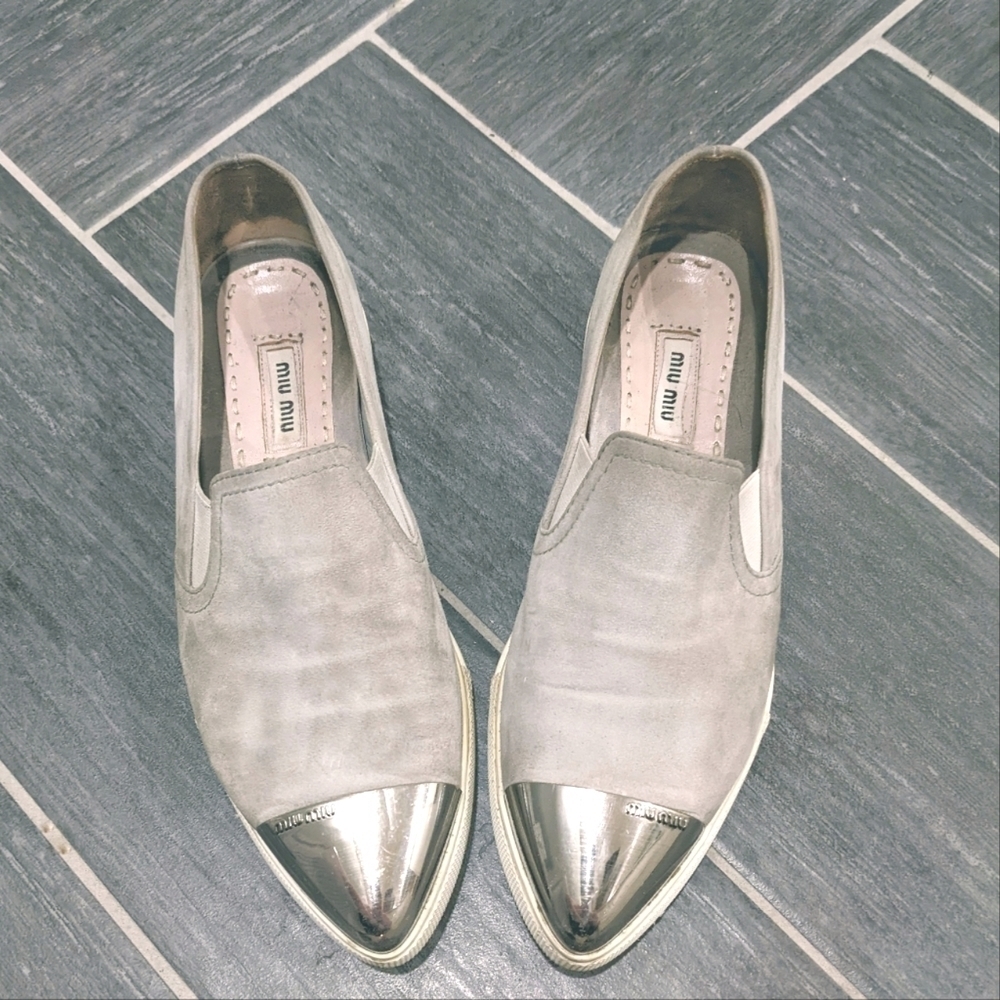 Miu Miu | Metallic Cap-toe Skate Sneaker in Grey Suede